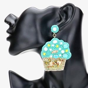 Turquoise Blue Beaded Cupcake Dangle Earrings Cute